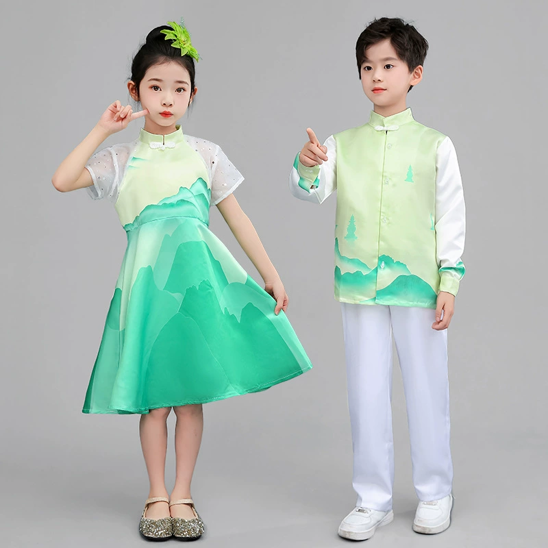 Новогодний детский хор, форма для учащихся начальной и средней школы, детский сад, костюмы для выступлений в китайском стиле, ведущий, поэтическое представление, выпускные фотографии