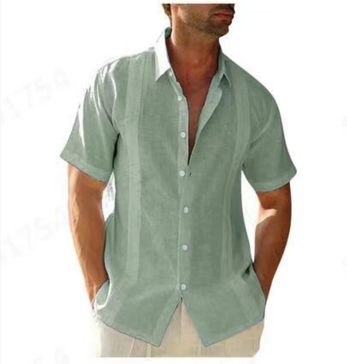 2025 Summer Lapel Solid Color Amazon New Single-Breasted Cotton Linen Lace Men's Short-Sleeved Casual Shirt Top