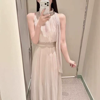 S家26夏季日系新品纯色无袖收腰百褶连衣裙