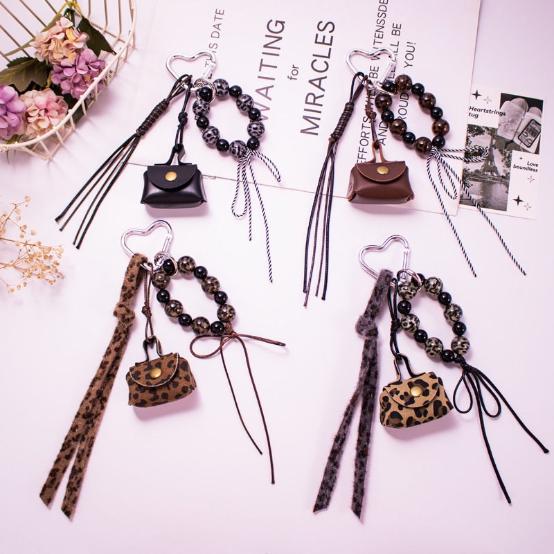 miu 小さくてかわいいレザー小銭入れキーホルダーペンダントヒョウ柄ビーズリボンバッグペンダント|undefined