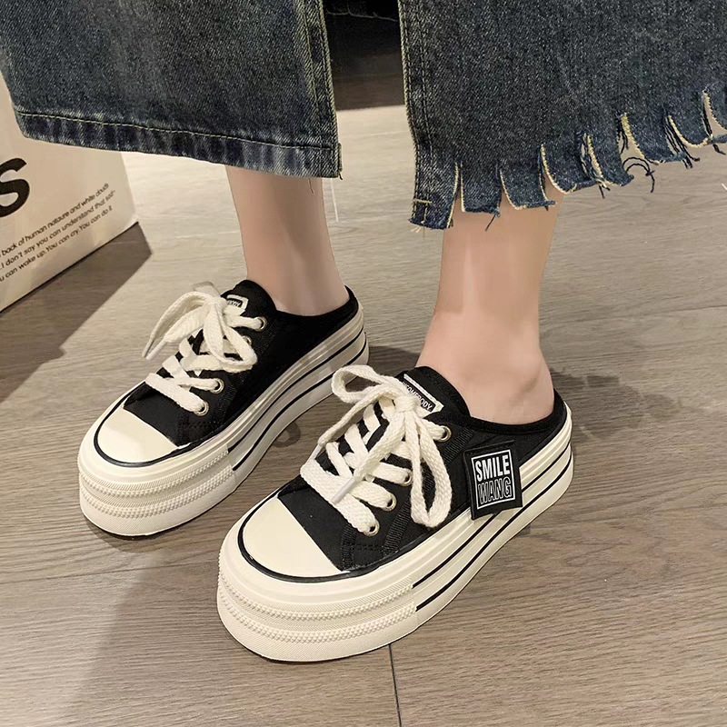 Baotou nửa dép nữ mặc ngoài mùa hè 2024 phiên bản Hàn Quốc mới giày vải đế dày đế cao giày trắng đa năng thông thường