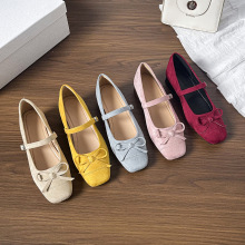跨境外貿加工定制平底復古瑪麗珍鞋絨面女鞋蝴蝶結一字帶淺口單鞋