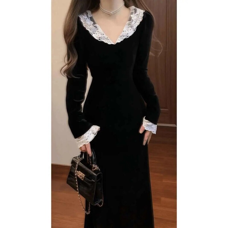 Spring women's clothing for tall women, French-style evening gown, long dress, plus-size lace little black dress, extended version velvet dress for women Spring women's clothing for tall women, French-style evening gown, long dress, plus-size lace little black dress, extended version velvet dress for women