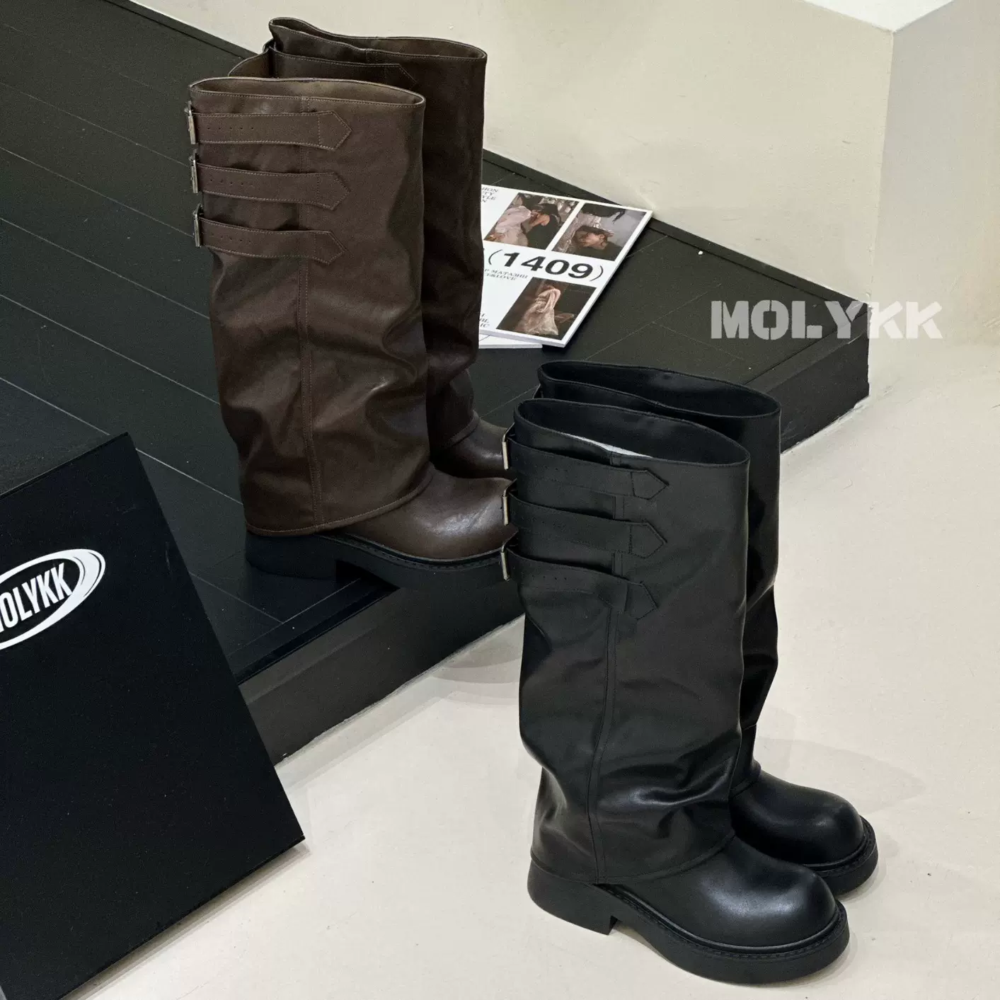 网红同款裤管靴厚底复古骑士靴女2024春夏新款百搭显瘦棕色堆堆靴