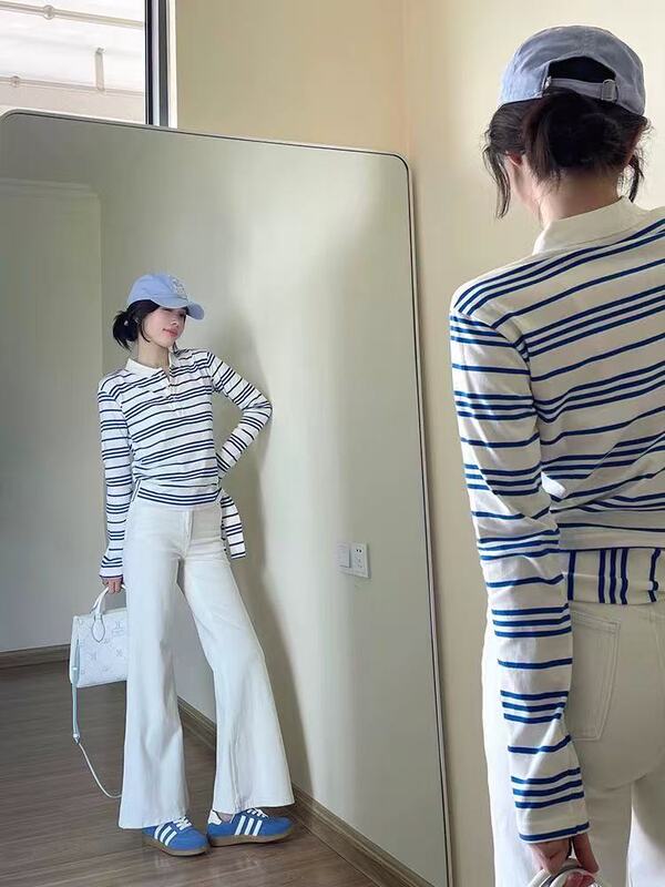 韩系polo领蓝条纹长袖t恤女秋季新款设计感小众气质减龄飘带上衣|undefined