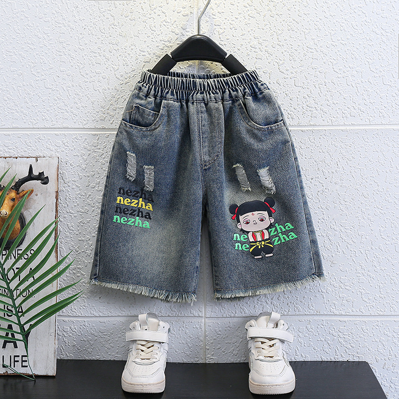7235 Traje atractivo para niños Ropa Nezha de verano para niños 2025 nuevos pantalones cortos de mezclilla de dibujos animados de manga corta para bebés