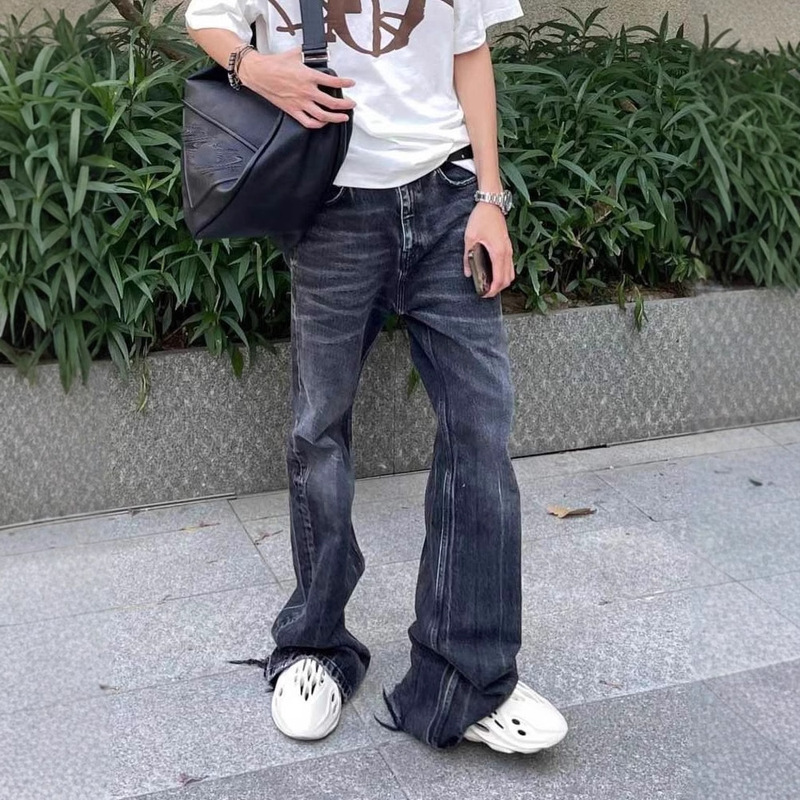 High Version B Home 2023S Black and Gray Washed Destroyed Distressed Flared Straight Jeans Custom-Woven Custom-Dyed Denim Fabric