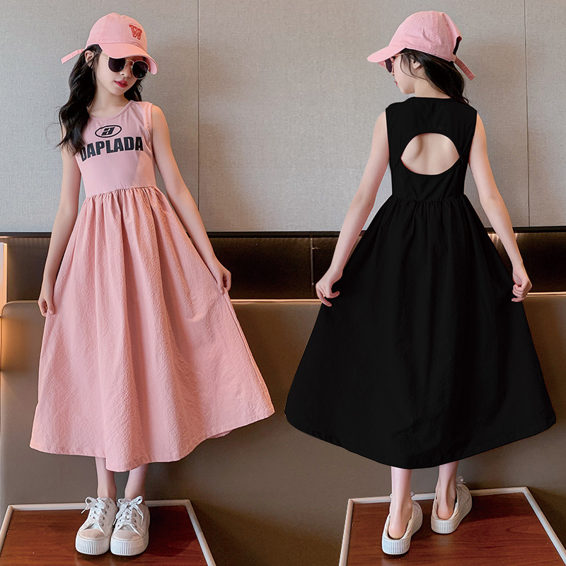 Vestito estivo per ragazze 2024 nuovo per bambini di medie dimensioni, gonna a trapezio senza maniche, senza schienale, stile western per studenti_voghion.com