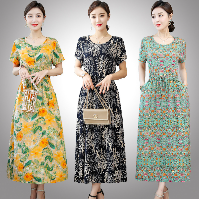 Summer Cotton Silk Bohemian Long Dress Waist Slimming Look Middle-Aged Women 50 Mother's Wear Artificial Cotton Skirt