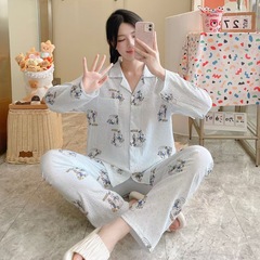 褶皱云朵棉睡衣女长袖长裤印花春秋季翻领可爱卡通家居服两件套装