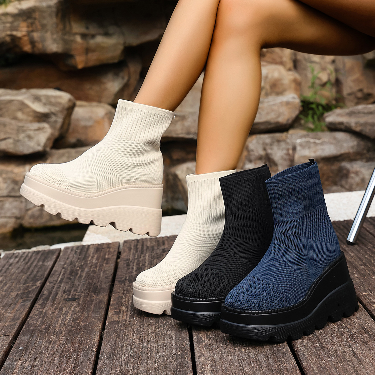 Botines de cuña estilizadores para mujer, tallas grandes, suela gruesa, plataforma, sin cordones, estilo vaquero, con calcetín Flyknit._voghion.com