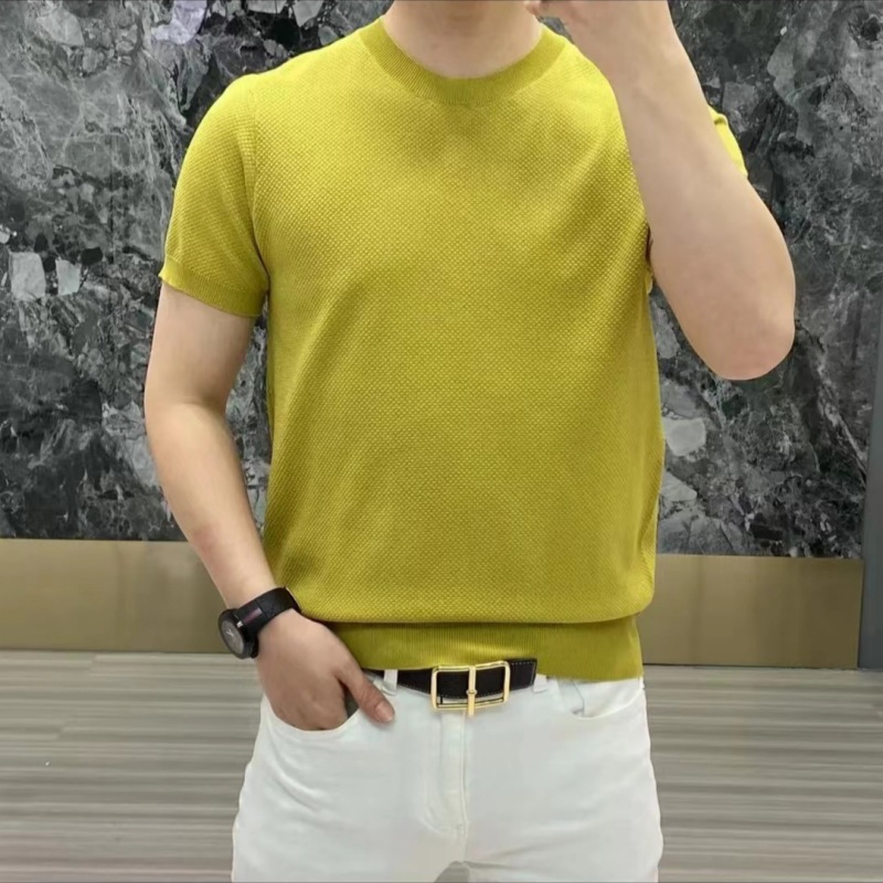 여름 아이스 실크 남성용 반팔 니트 티셔츠, 단색 파인애플 패턴, 슬림핏 라운드넥 티셔츠, 시원한 느낌