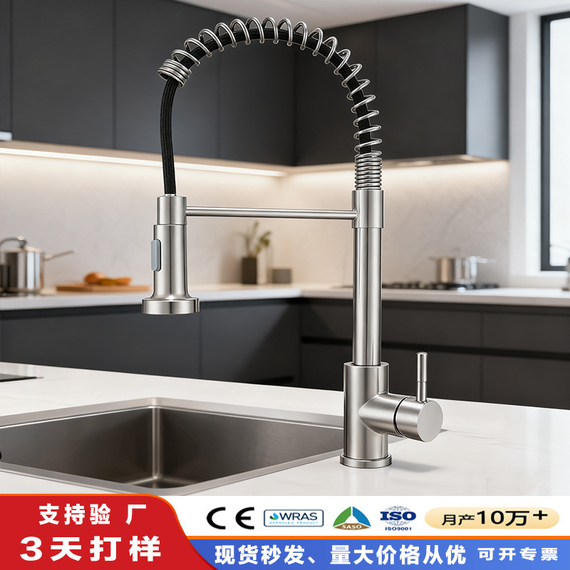Cross-Border Multifunctional Spring Faucet In-Wall Wall-Mounted Kitchen Hot and Cold Double Faucet Pull-Out Sink Faucet