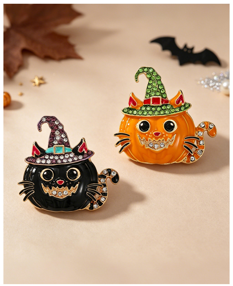 Original Halloween Creative Enamel Brooch with Witch Hat, Pumpkin, and Cat Designs for Atmospheric Decoration
