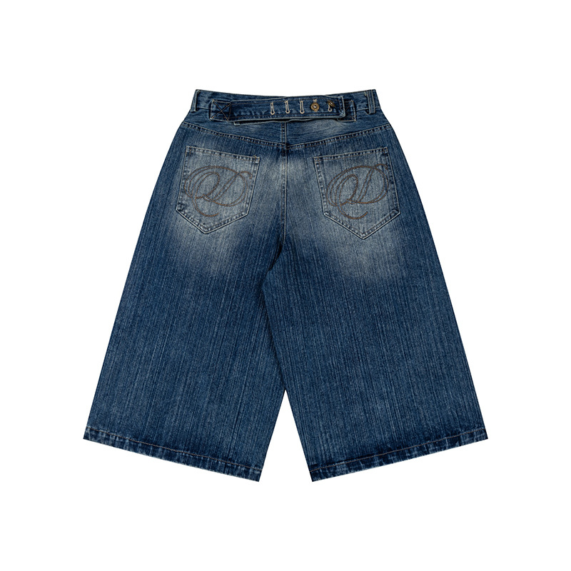 Unisex Vintage Paris Buckle Denim Capri Pants With Bamboo-Joint Wash, Relaxed Fit Over-Knee Shorts For Summer_mkmklike.com