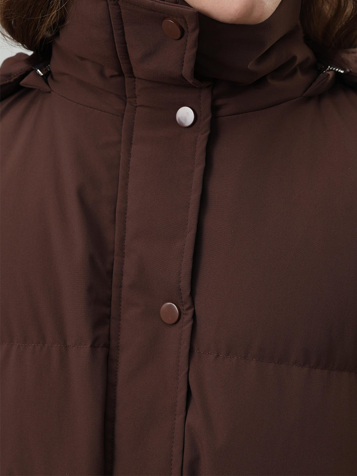 Áo khoác bông nữ có mũ, khóa kéo, thắt eo dáng ôm, dài trung bình, chất liệu polyester dày — màu nâu, màu đen, quả mơ chi tiết 49