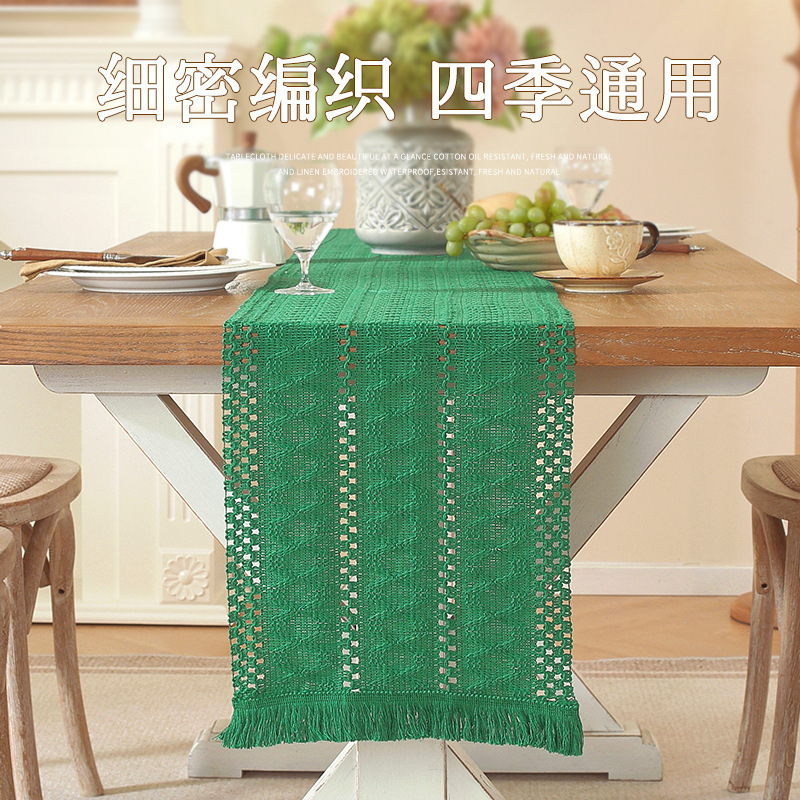 跨境节日款桌旗红绿仿麻美式电视柜长条盖巾拼接编织流苏桌旗批发|undefined