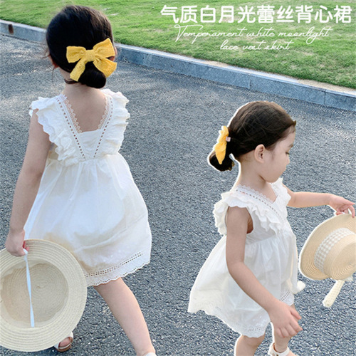 Korean Style Western Girls Lace Dress  Summer New Thin Tank Top Dress Baby Girl White Princess Dress