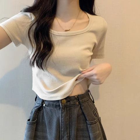 [1*1 40 cotton rib 95 cotton 5 spandex] French square collar short top with curved hem