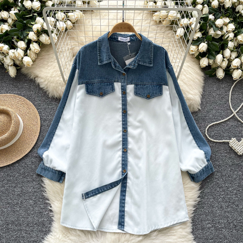 Long-Sleeved Shirt for Women in Autumn and Winter Denim Splicing Plaid Contrasting Casual Loose Top Shirt Large Size Fashion Korean Style