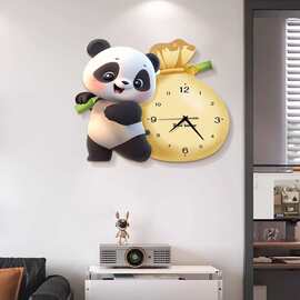 可爱熊猫钟表挂画现代简约客厅背景墙时钟装饰静音免打孔艺术挂钟