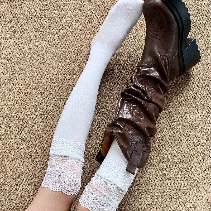 White Lace Leg Socks Knee-high JK Girls Maillard with Boots Hot Girls Spring and Autumn Long Boots Stacked Socks
