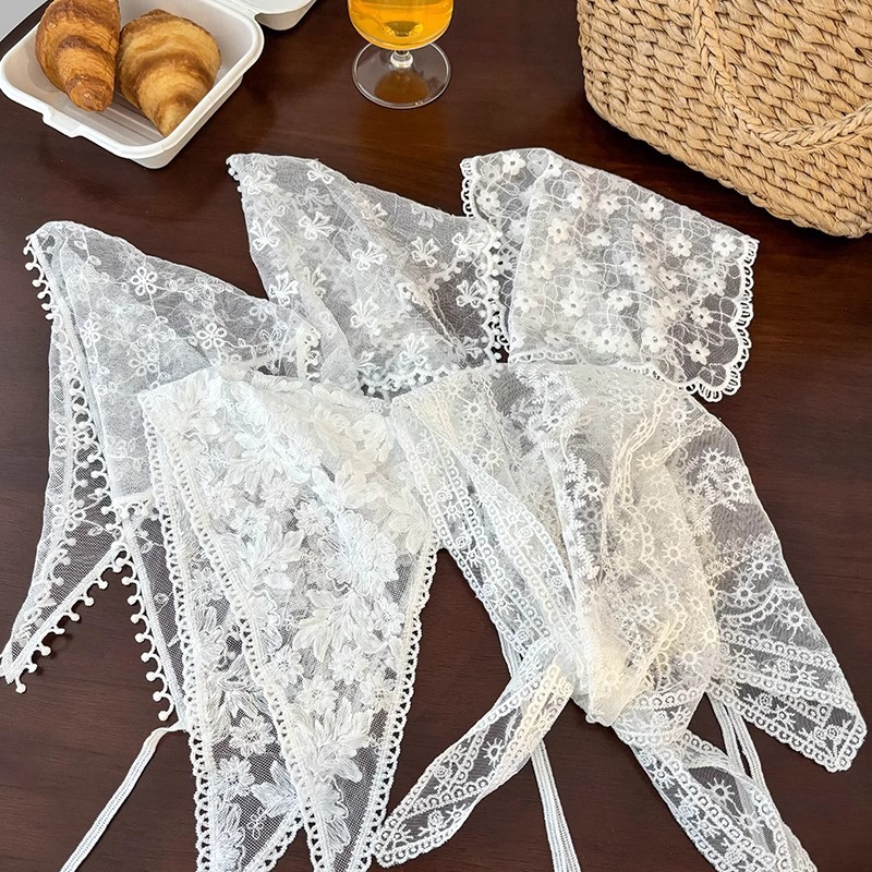 bufandas de viento pastoral bufandas triangulares mujeres primavera y verano encaje francés atado pelo correa de encaje bufandas de seda accesorios de fotografía toque