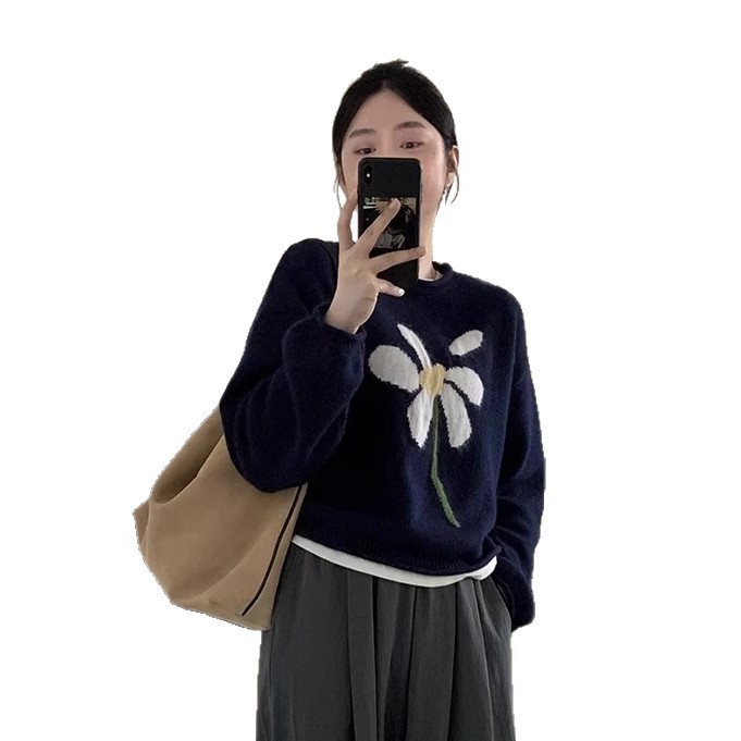 双股加厚宽松纯羊毛衫女式新款针织提花套头毛衣设计感慵懒文艺范|undefined