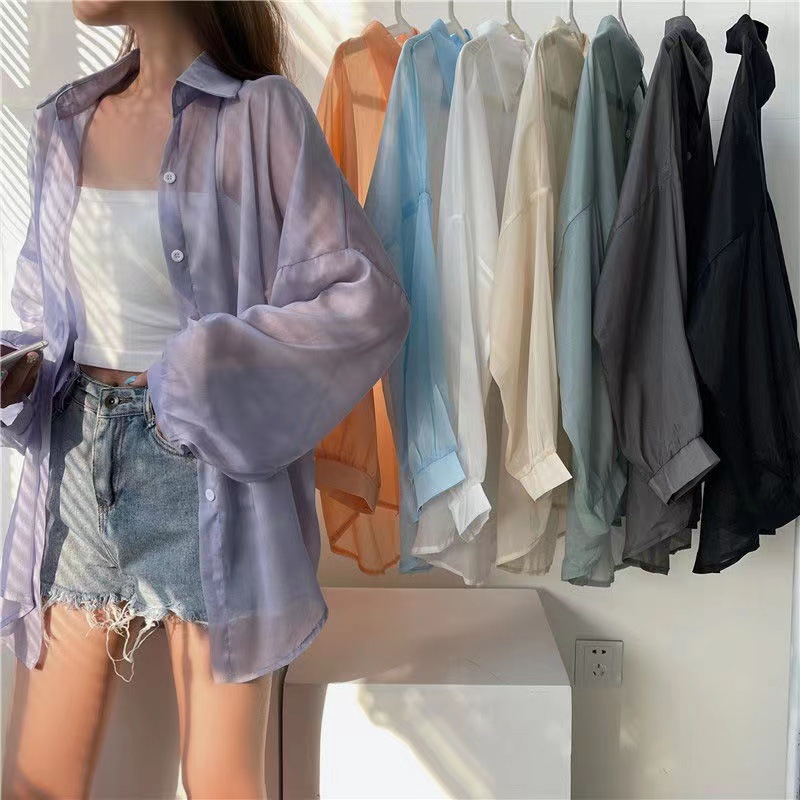 Hilo de perlas de diseño delgado micro-transparente de manga larga abrigo protección solar camisa Alibaba red al por mayor 1688