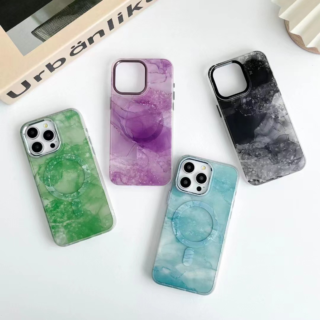 Applicable to Apple 15Promax mobile phone shell MagSafe magnetic suction shell marbling 14 transparent airbag metal 8 sets