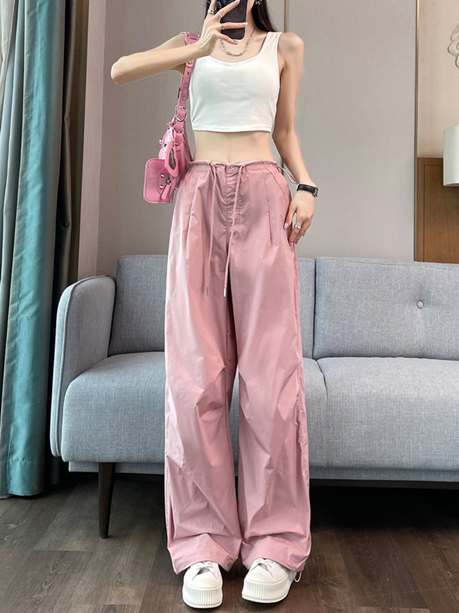 Quần ống rộng nữ chất lụa lạnh chống nắng, dáng suông mỏng nhẹ mùa hè — Mẫu thông thường màu xám nhạt, Màu trắng be mẫu dài, Màu hồng mẫu thông thường, Màu đen dáng nhỏ