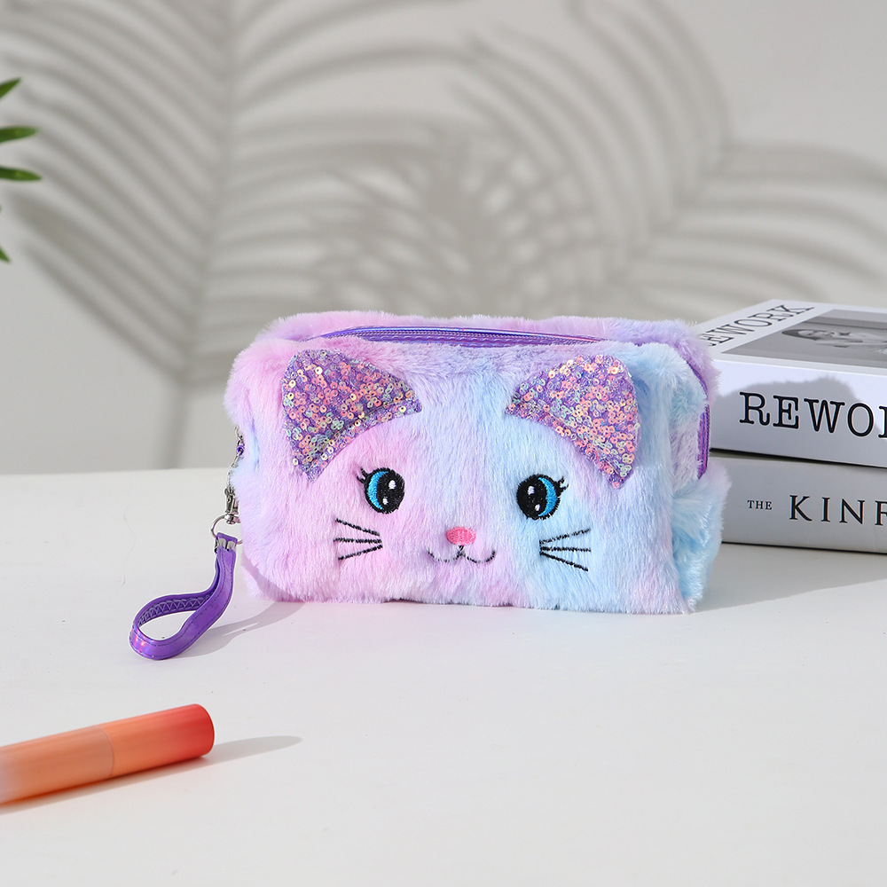 Paquete de cosméticos de lavado de gato de dibujos animados de teñido anudado, estilo de felpa de estudiante de dibujos animados, paquete de almacenamiento de cosméticos de viaje simple transfronterizo