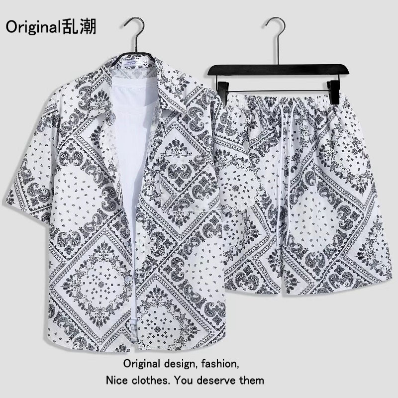 Verano playa floral camisa de manga corta traje de los hombres sueltos ins retro completo impreso pantalones cortos camisa de dos piezas