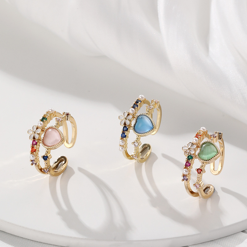 One Size Ring Size Fashion Heart Shape Flower Copper Enamel Plating Inlay Artificial Pearls Zircon Open Ring 1 Piece