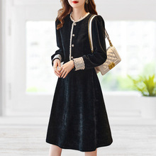 秋冬新款气质女装圆领长袖显瘦中长裙花边拼接灯芯绒加厚连衣裙女