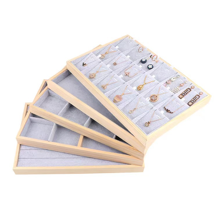 Wooden velour jewelry display stand live display show rings necklaces bracelets gemstone jewelry accessory storage tray