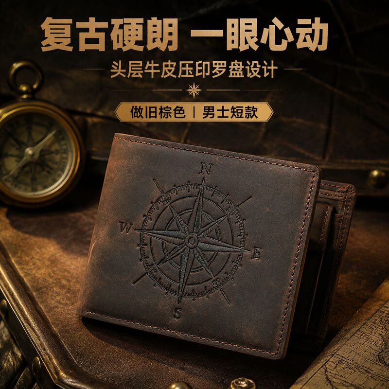 Short Crazy Horse Leather Compass Pattern Wallet, Top Layer Vegetable-Tanned Cowhide Passport Holder, Men's Card Holder, Women's Organizer