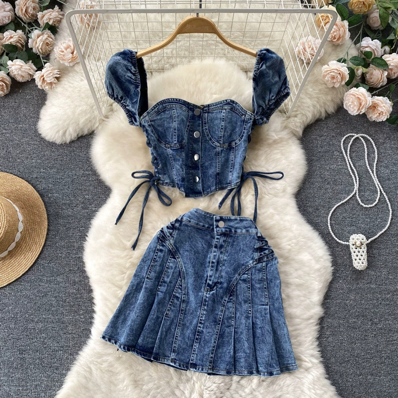 Летний ретро дизайн джинсовый набор женский с короткими рукавами на плечах сексуальный короткий топ плиссированная юбка набор из двух частей