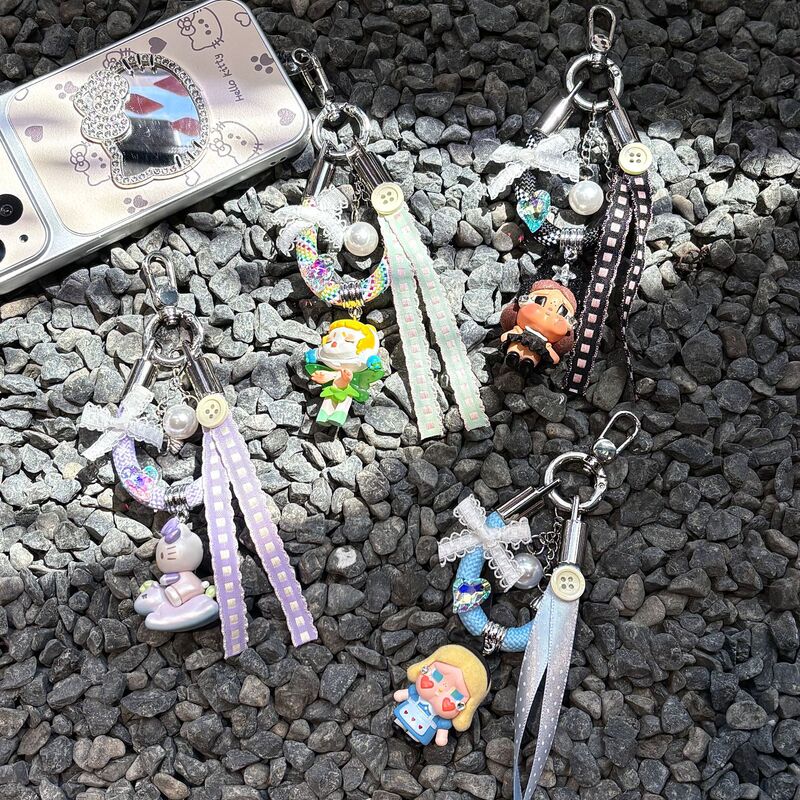 Plaid ribbon phone strap, short style, with lace bow and pearl phone chain charm, cute keychain and bag charm