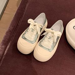 葡萄媽studiolee 新款夏季圓頭透氣緞面系帶厚底百搭平底小白鞋女