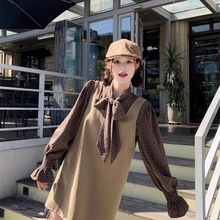 两件套装减龄休闲韩版格子长袖衬衫裙秋冬背心针织马甲连衣裙子