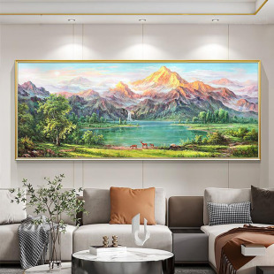 纯手绘油画美式客厅装饰画金山聚宝盆福鹿背景墙挂画山水风景油画-阿里巴巴