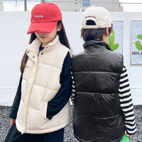  Winter Children's Thick Down Cotton Vests with Stand Collar for Boys and Girls, Spring and Autumn Outerwear, Kimono-style Backless Jacket