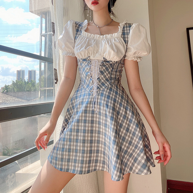 summer new plaid waist puff sleeve dress NSLQ62343