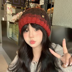 护耳帽保暖新款针织帽子潮女拼色街头秋冬季毛线帽百搭显脸小冷帽
