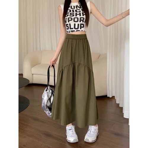 Small skirt, children's summer new style, simple, slimming, fashionable design, pleated, spliced, elastic waist skirt