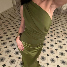 亚马逊欧美跨境新款时尚单肩修身性感拼接包臀名媛风长款连衣裙女