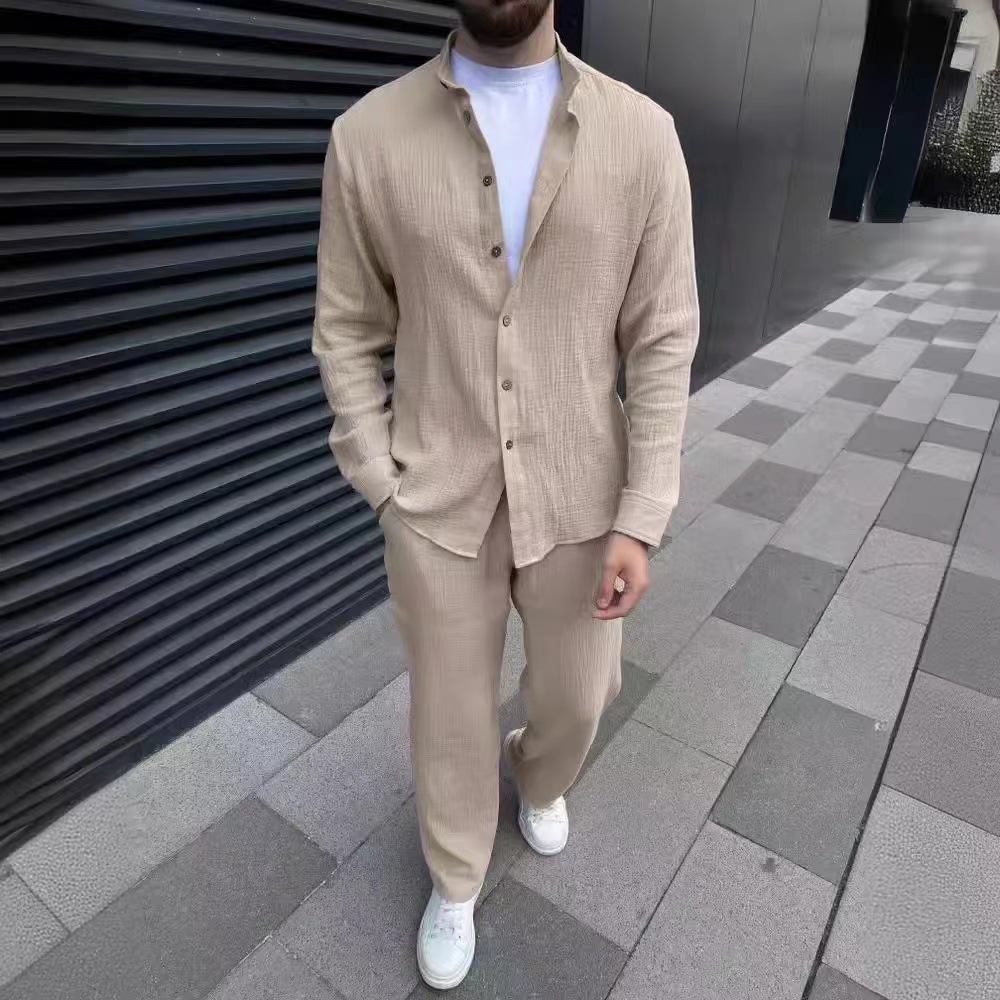 Men's Shirt Sets Solid Colour Cardigan And Trousers Two Piece Suit_voghion.com