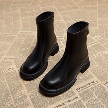 时装靴秋冬季新款简约中跟粗跟短靴后拉链加绒女鞋马丁靴时尚百搭