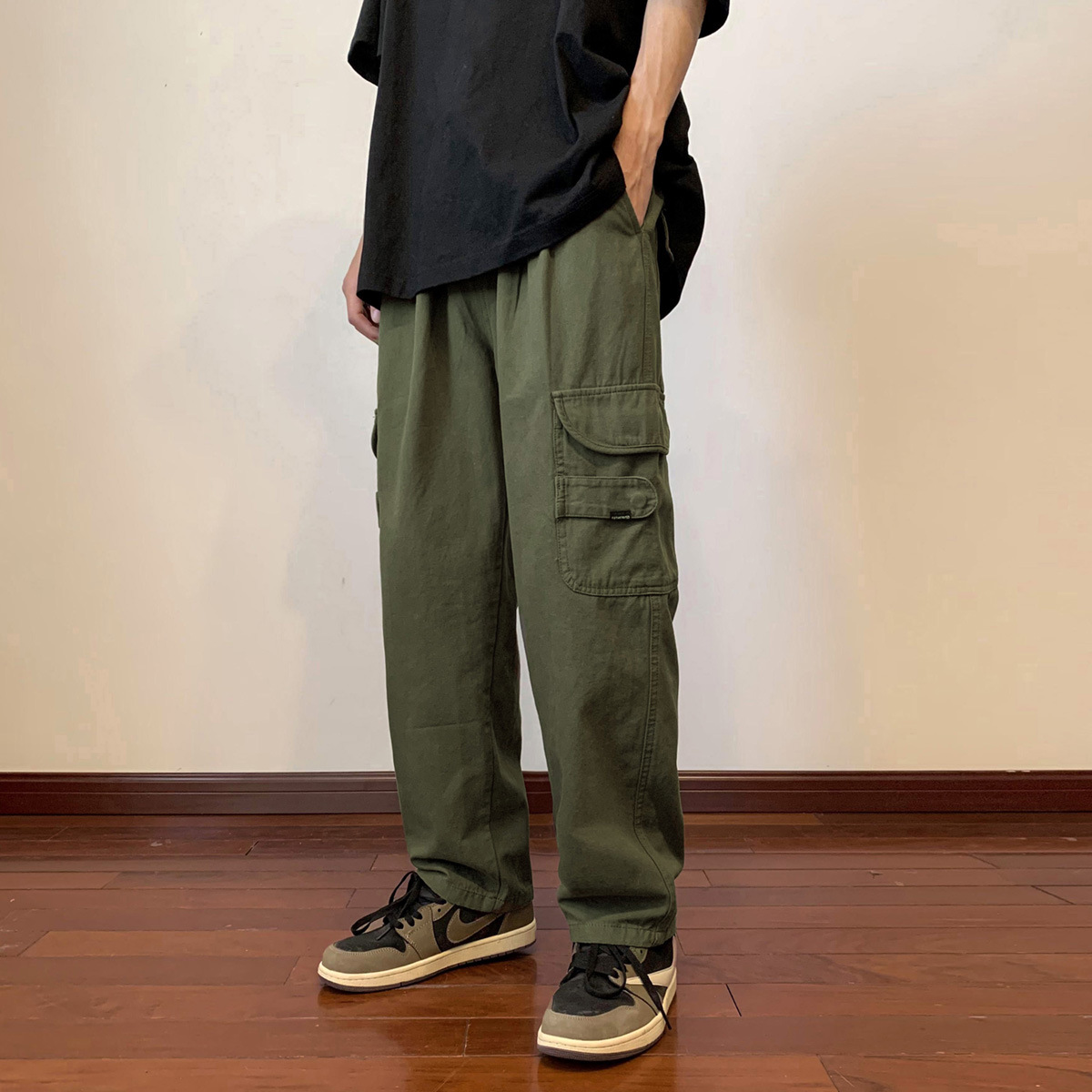 Verde del ejército trajes de verano de los hombres delgados rectos pantalones Cityboy japonés retro American Street Skateboard Pantalones